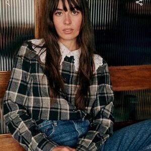 Sezane Black and Cream Plaid Top